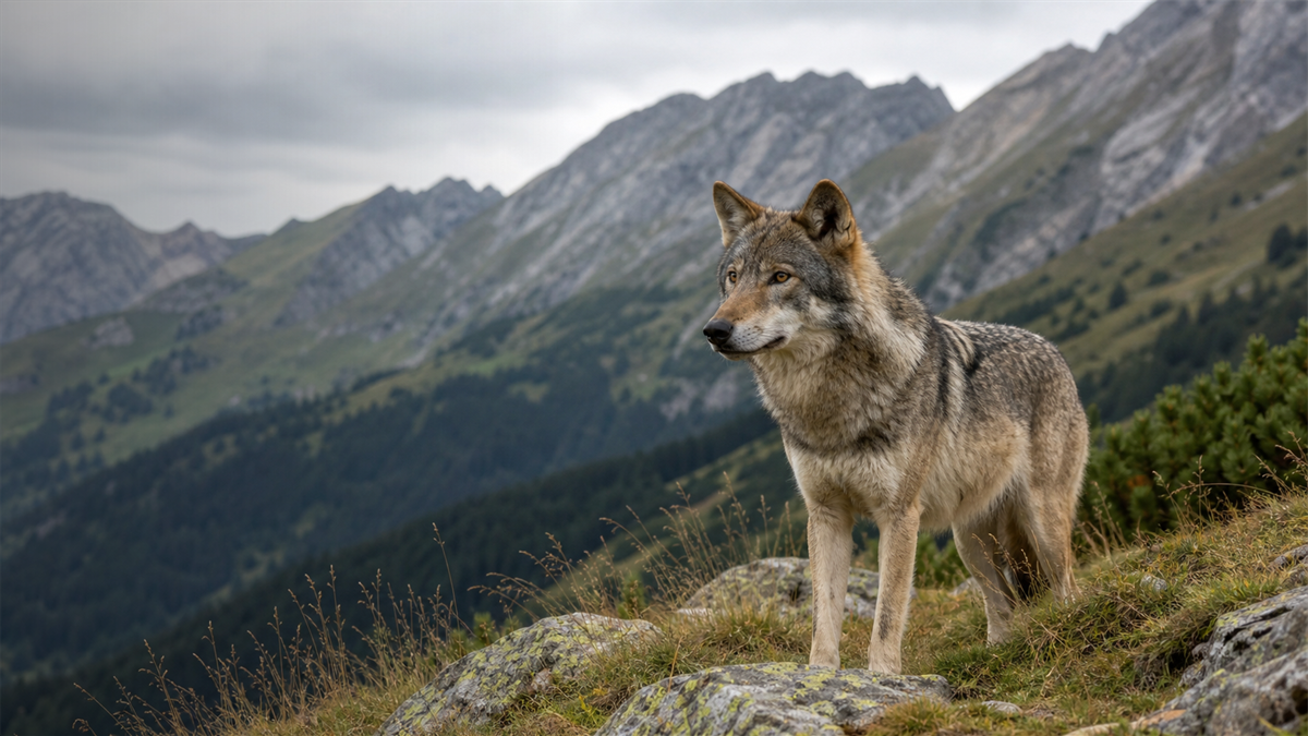 KI-generiertes Symbolbild eines ruhigen europäischen Wolfs in alpiner Landschaft.
