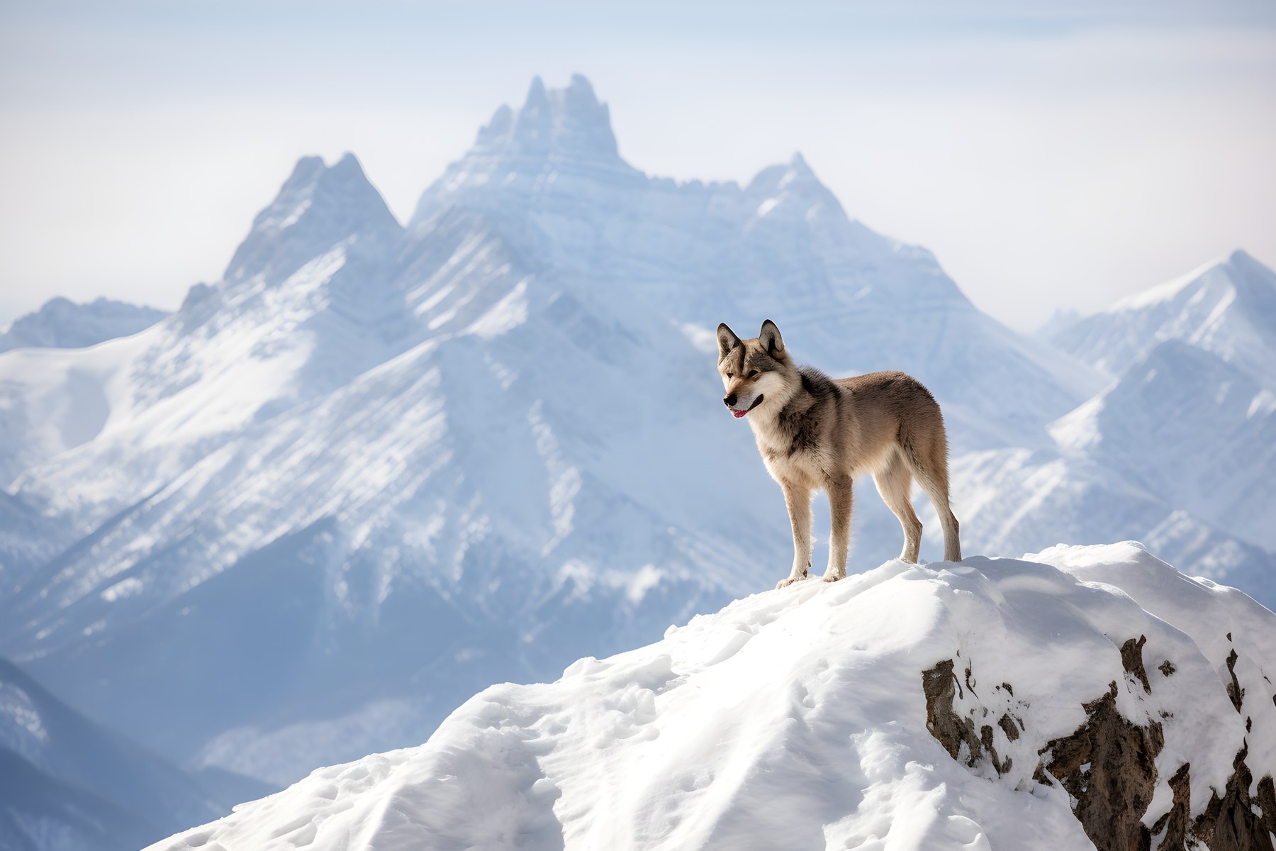 Wolf in verschneiter Berglandschaft als Symbolbild